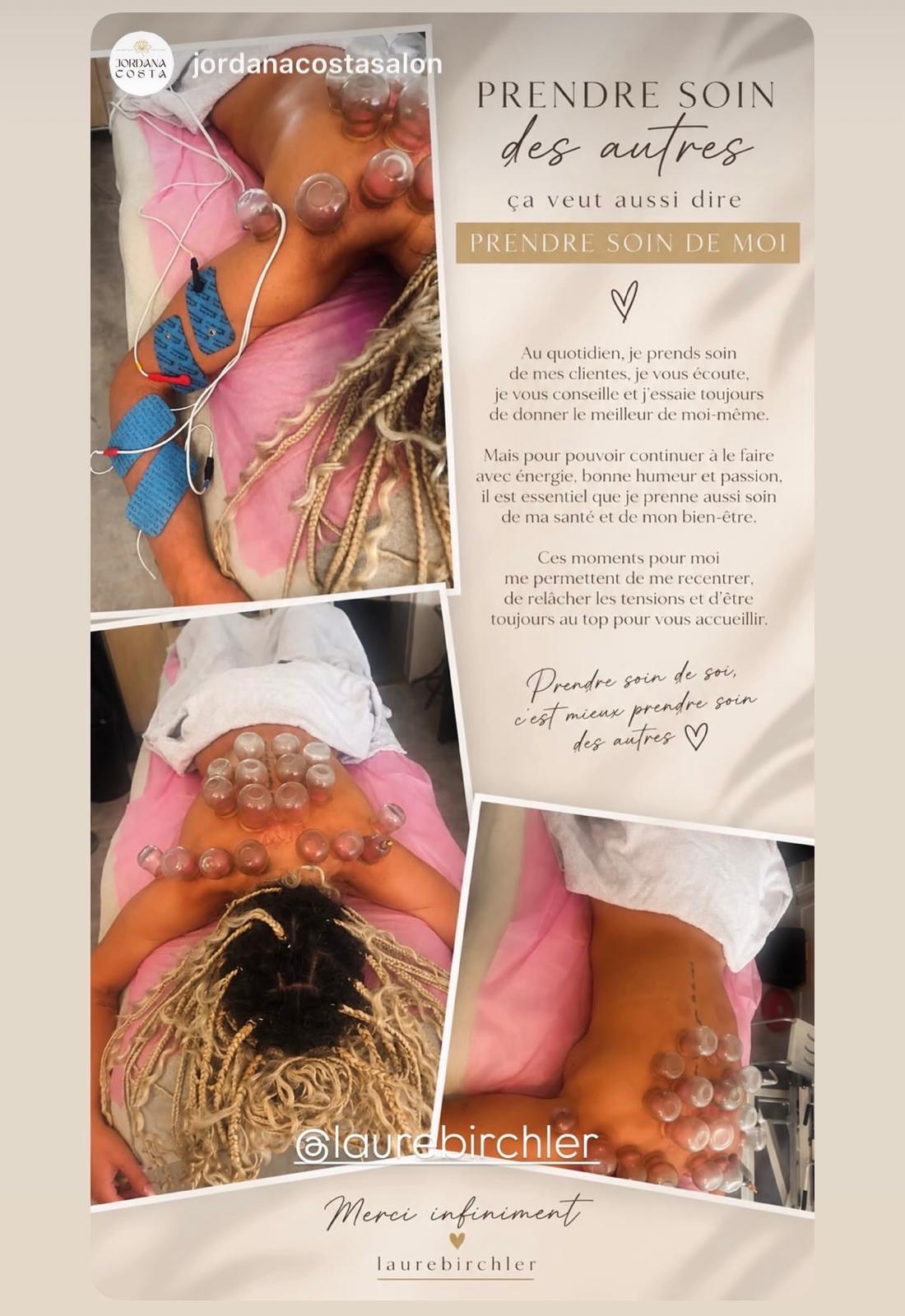 Story Instagram de Jordana Costa : « Prendre soin des autres, ça veut aussi dire prendre soin de moi », avec des photos de sa séance de ventouses et d’électrothérapie